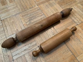 2 19th Century Shaker Maple Rolling Pins 12 “ & 20 “ Good Country Kitchen Items