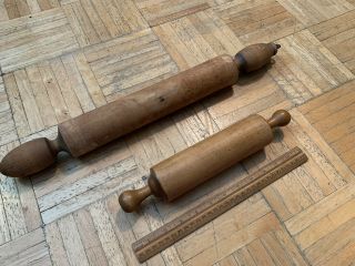 2 19th Century Shaker Maple Rolling Pins 12 “ & 20 “ Good Country Kitchen Items 2