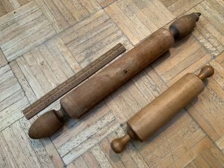 2 19th Century Shaker Maple Rolling Pins 12 “ & 20 “ Good Country Kitchen Items 3