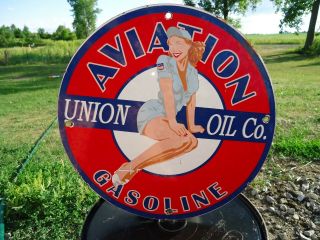 Old Vintage 1950s Union Oil Aviation Gasoline Porcelain Enamel Gas Pump Sign