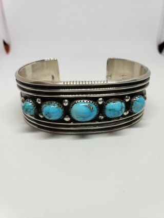 Vintage Navajo Silver Ingot 5 Turquoise Stone Cuff Bracelet