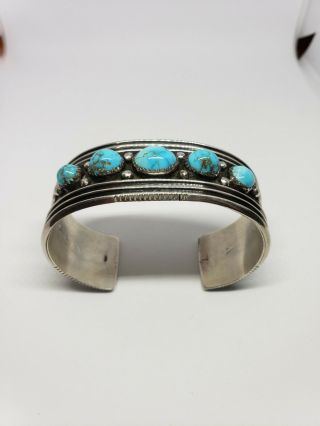 Vintage Navajo Silver Ingot 5 Turquoise Stone Cuff Bracelet 2