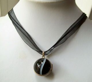 Antique Victorian Vintage Jewellery Banded Agate Orb Fob /locket/pendant