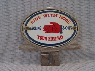 Vintage Ride With Rose Gasoline Oils Porcelain & Metal License Plate Topper