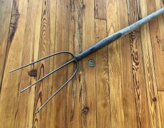 Vintage 3 Prong Tine Hay Pitch Fork Wooden Handle Primitive Farm Tool