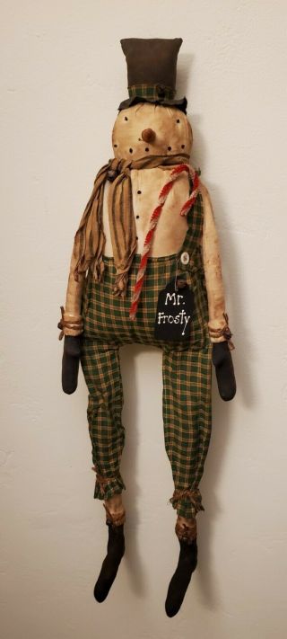 Primitive Grungy Tall Mr.  Frosty Snowman Christmas Doll & Candy Cane