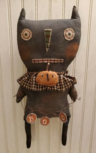 Primitive Grungy Black Kitty Cat Halloween Doll & His Boo Garland