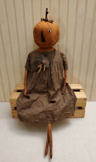 Primitive Grungy Pumpkin Lady Halloween Doll & Her Spooky Bat
