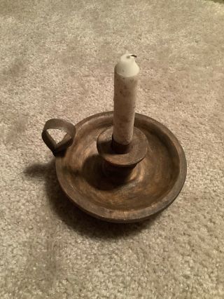 Primitive Handcrafted Wooden Candlestick With Tin Handle