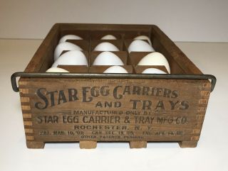 Antique 1906 Wood Star Egg Crate Dozen Carrier & Tray W/ Plastic Eggs