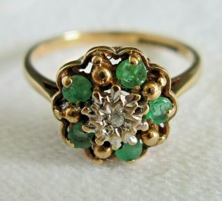 Fine Vintage 9ct Gold Ring With Emerald & Diamond Size L½ Hm 1979
