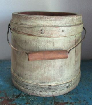 7 3/8 " Antique Firkin - Wood Sugar Bucket - Shaker Pantry Box - Green Paint - Bail