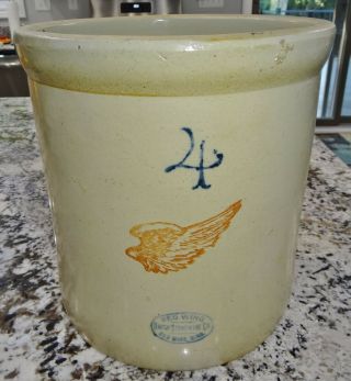 Red Wing Large 4 1/4 " Wing 4 Gallon Crock Stoneware Pottery & Wide Mouth Jug