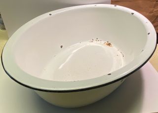 Vintage Porcelain Wash Basin White Black Rim Tub Enamel Pan Oval 18 " X 14 " X 5 "