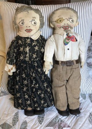 Primitive 1920’s Large Folk Art Grandma Grandpa Dolls,  Hand Stitched,  Detailed