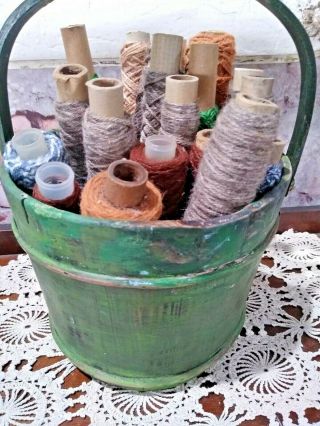 Primitive Green Wood Bucket With 19 Spools Of Old Yarn