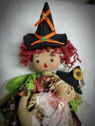 Primitive Folk Art Raggedy Ann Witch Fall Doll/scarecrow/ Autumn Apron 19 "