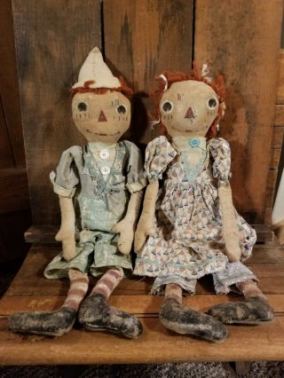 Primitive Folk Art Handmade Raggedy Ann & Andy Dolls By Mustard Seed Originals