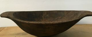 Primitive Wooden Hand Hewn Carved Double Handled Bowl Farmhouse Patina Tool Mark
