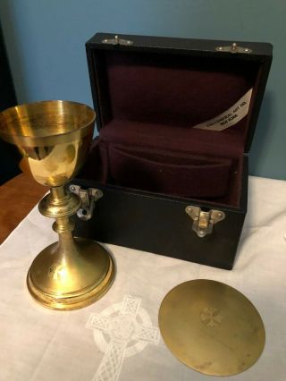 Antique Vintage Catholic Church Altar Sterling Silver Chalice & Paten Set W/ Cas