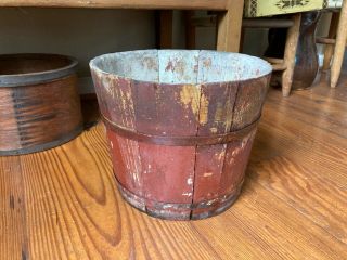 Antique / Vintage Primitive Wooden Sap / Syrup Bucket With Old Chipped Red Paint