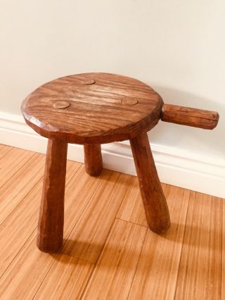 Vintage Wooden 3 Legged Milk Stool With Handle Primitive Colonial Solid Wood