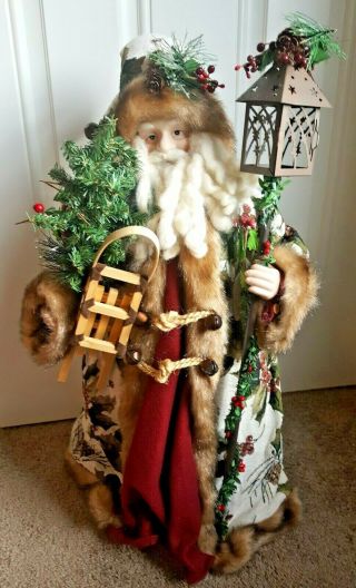 Primitive Folk Art Father Christmas Santa Figure Decor Sled Lantern Handmade 27 "