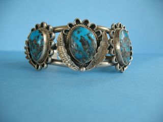 Vtg Heavy Navajo Sterling Silver Blue Diamond Turquoise Cuff Bracelet