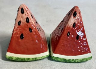 Vintage Ceramic Watermelon Salt And Pepper Shakers 3” Wedge
