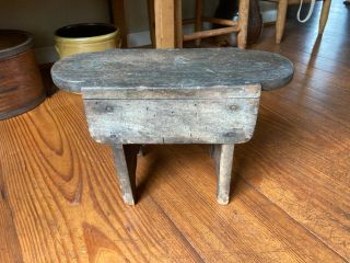 Antique Primitive Wood Milking Stool Bench Boot Jack Legs Rounded Sides Top