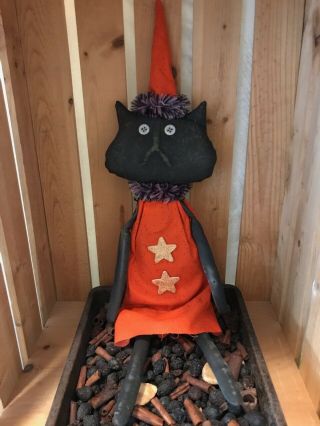 Primitive Halloween Party Black Cat Doll With Hat Orange Purple Gold Stars