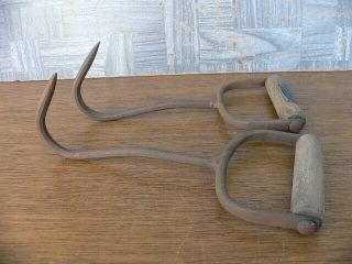 Vintage Set Of 2 Jensen Wood Handle Metal Hay Bale Hooks