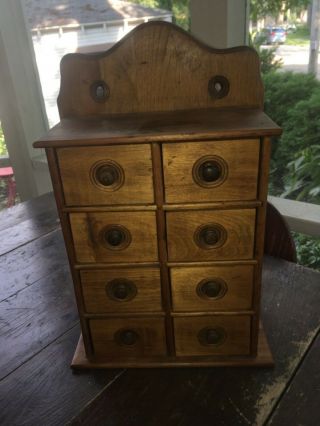 Primitive Antique Wooden Spice Cabinet Hanging Case C1900 Kitchen Herbs 8 Drawer