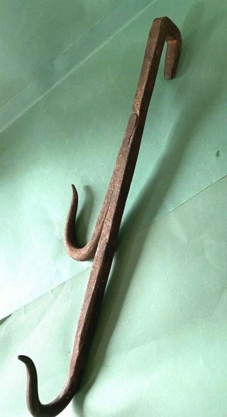 Early Unusual Primitive Antique Wrought Iron Double Meat Hook 15.  5 " Smokehouse