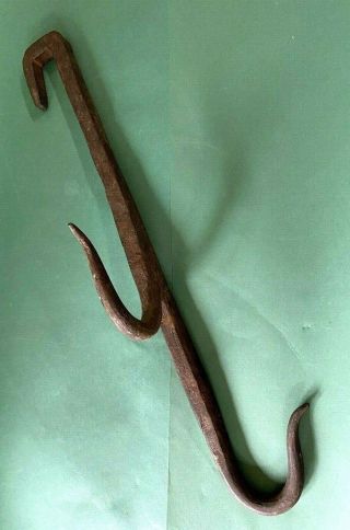 Early Unusual Primitive Antique Wrought Iron Double Meat Hook 15.  5 