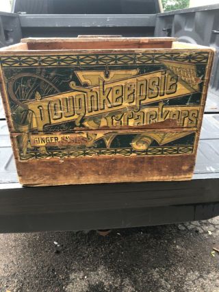 Vintage Antique Wooden Advertising Crate Box Poughkeepsie Crackers 20” X 15/15”