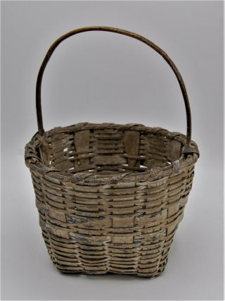 Antique American Wood Splint Basket Painted Rustic Distressed Small Blue Db10