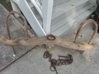 Primitive Large Double Ox Oxen Yoke W/ Iron Loop And Chain