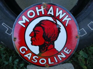 Old Vintage Mohawk Oils Motor Oil Gasoline Porcelain Enamel Gas Pump Sign