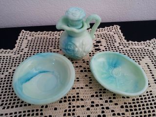 Vintage Victoriana Aqua Green Blue Slag Glass Soap Dish And Pitcher & Bowl Avons
