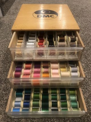 Vintage Dmc Wooden Thread Cabinet 3 Drawer Storage Box,  240 Spools Of Thread