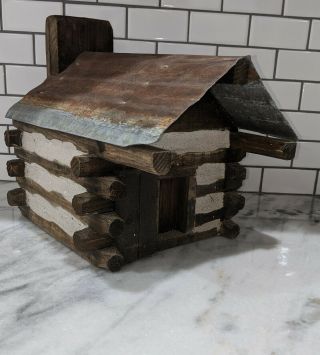 Vintage Handmade Miniature Wooden Folk - Art Log Cabin House Tin Roof Large