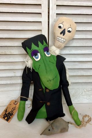 Primitive Halloween Frankenstein Doll With Skeleton And Mouse