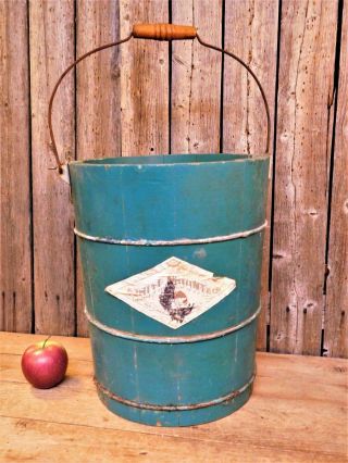 Antique Primitive Teal White Mountain Wood Bucket W/ Bail Handle Aafa