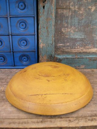Primitive Antique Wood Dough Bowl W Wide Rim Mustard Milk Paint 12 - 3/4 "