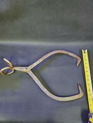 Vintage Iron Ice Block Tong Log Grabber Hinged Accordian Hay Tool Primitive Hook 2