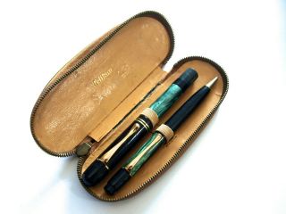 Pelikan 100 Set In Green Marbled Piston Fp,  200 Mp In Leather Pouch - Vintage