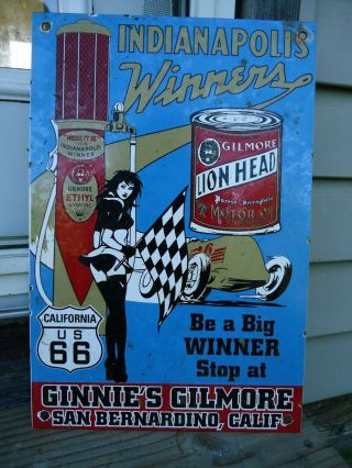 Lg Vintage Old 1950s Gilmore Lionhead Gasoline Us 66 Porcelain Gas Station Sign