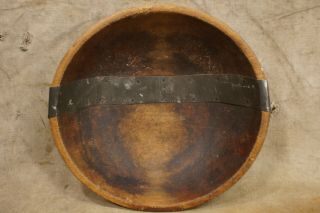Antique 18th To 19th Century Painted Wooden Primitive Bowl With Tin Repairs