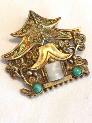 Quality Antique / Vintage Deco Czech Peking Glass Pagoda Brooch Possibly Neiger